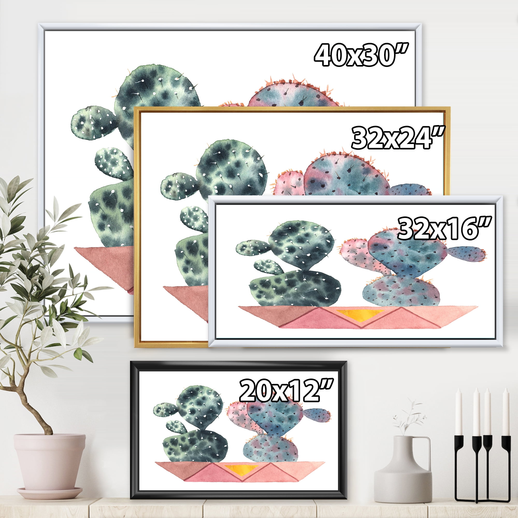 Designart 'Cactus Duo In Pink Pots Geometric' Modern Framed Canvas Wall Art Print