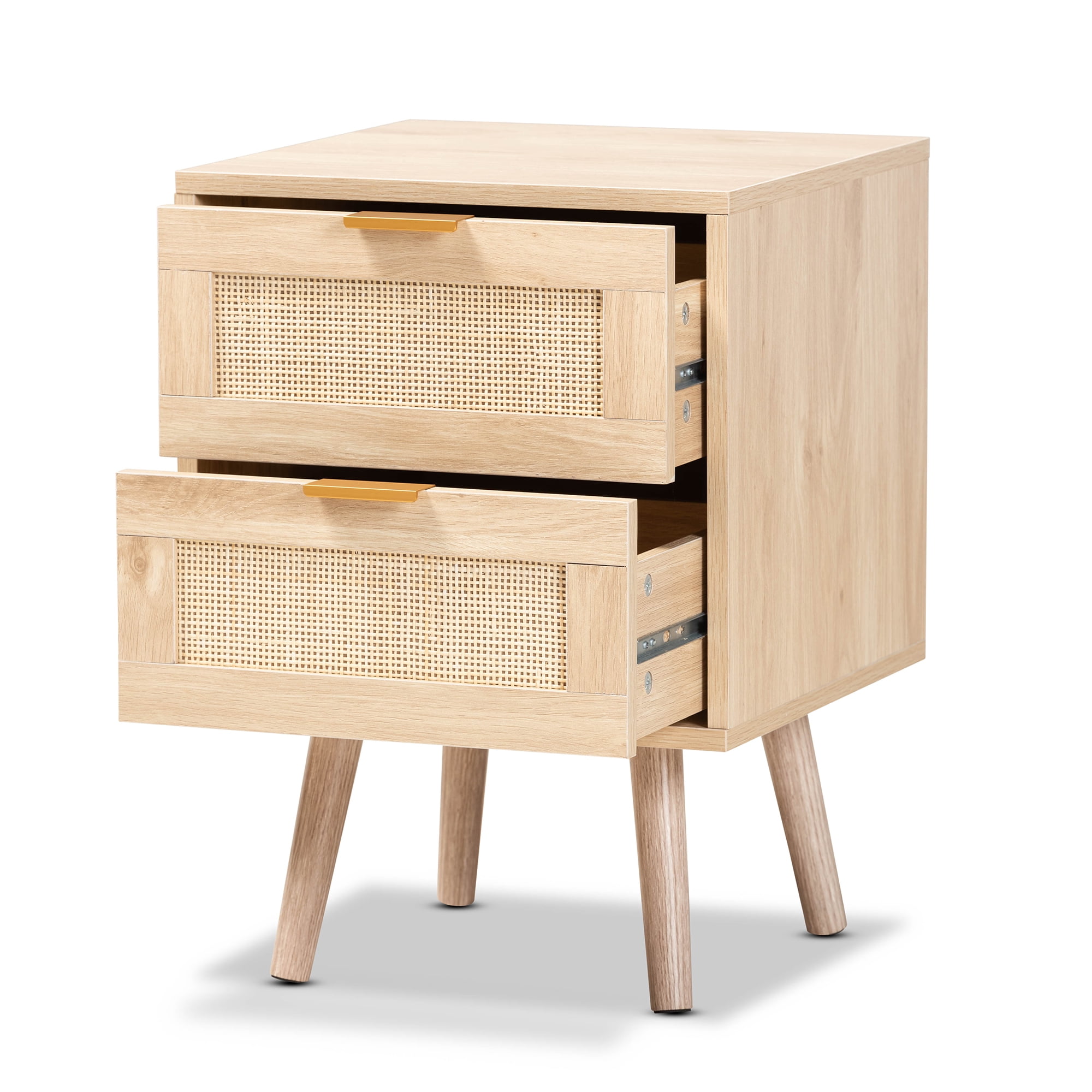 Baxton Studio Baird Mid-Century Modern Light Oak Brown Finished Wood and Rattan 2-Drawer End Table