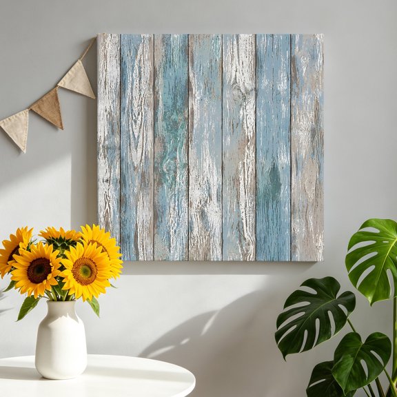 Summer Ocean Canvas Wall Art for Living Room, Coastal Nautical Minimalist Teal Blue Wood Grain Poster Print Painting for Bedroom Office Gallery Decoration Wall Pictures Prepare To Hang 12"x12"