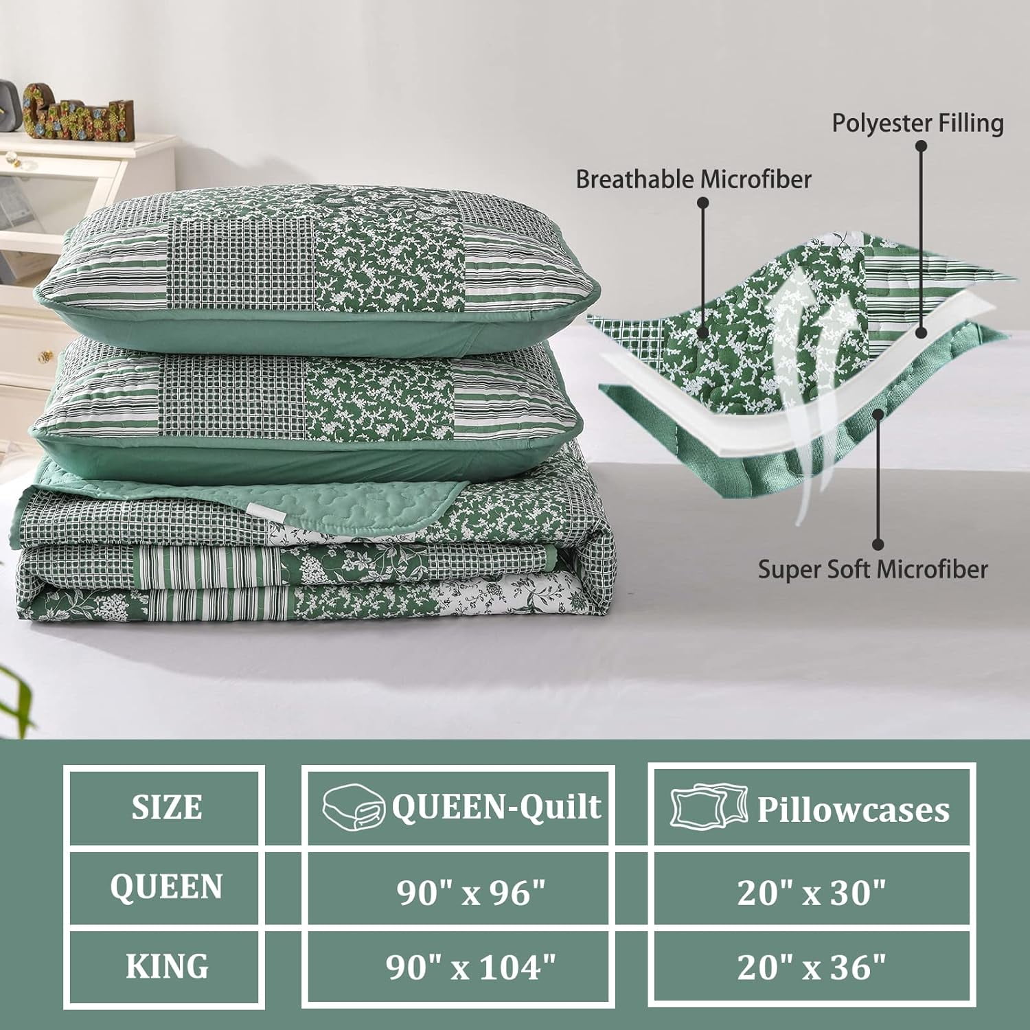Sage Green Boho Queen Size Bedspread Coverlet Set Patchwork Quilt Set Soft Plaid Floral Bedding Set
