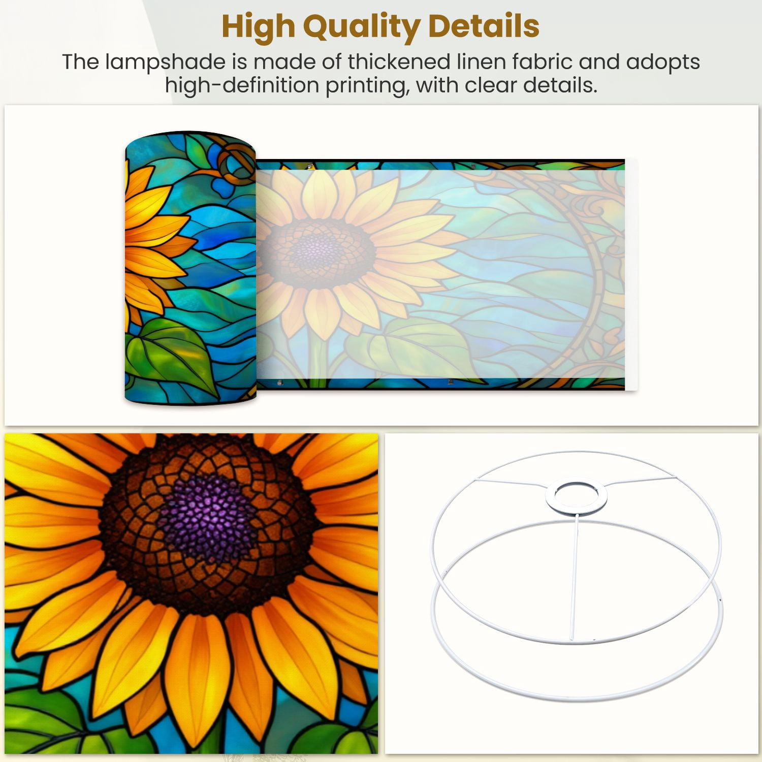 Linen Drum Lampshades Vibrant Stained Glass Sunflower Yellow Petals Blue 13"x13"x10" Light Shade for Table Lamps Floor Lamp Shades Lampshade Replacement Assembly Required