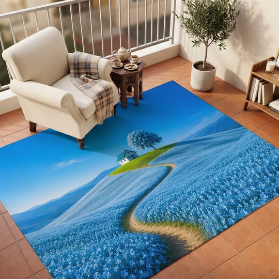 Area Rugs 5'x7', Sky Blue Carpet Runner Indoor Outdoor Rugs Home Decor Aesthetic, Natural Landscape Country Tree Flowers Non Slip Mats Washable Accent Rug for Living Room Bedroom