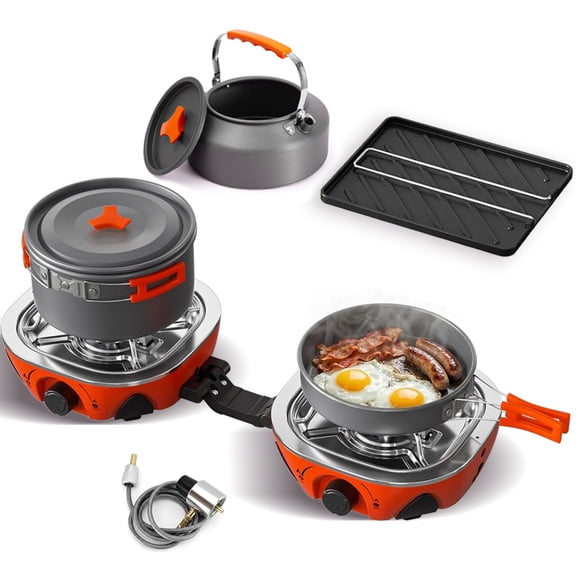 Baotree 20,000 BTUs 2 Burner Propane Camping Stove, Portable Folding Camp Stove with Cookware Set & Carry Bag, Dual Gas Stoves Easy Carrying Handle for Tailgating, Camping, BBQ
