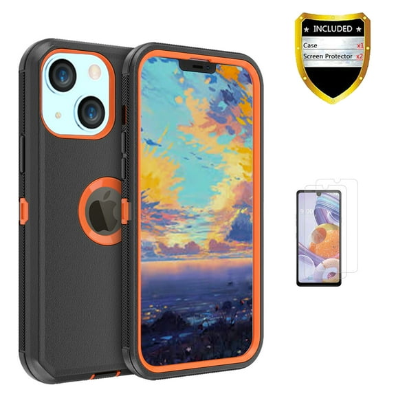 Xhy iPhone 13 Mini Case   Screen Protectors, Heavy Duty Hard Shockproof Armor Protector Case Cover for iPhone 13 Mini Phone Case (Black Orange)