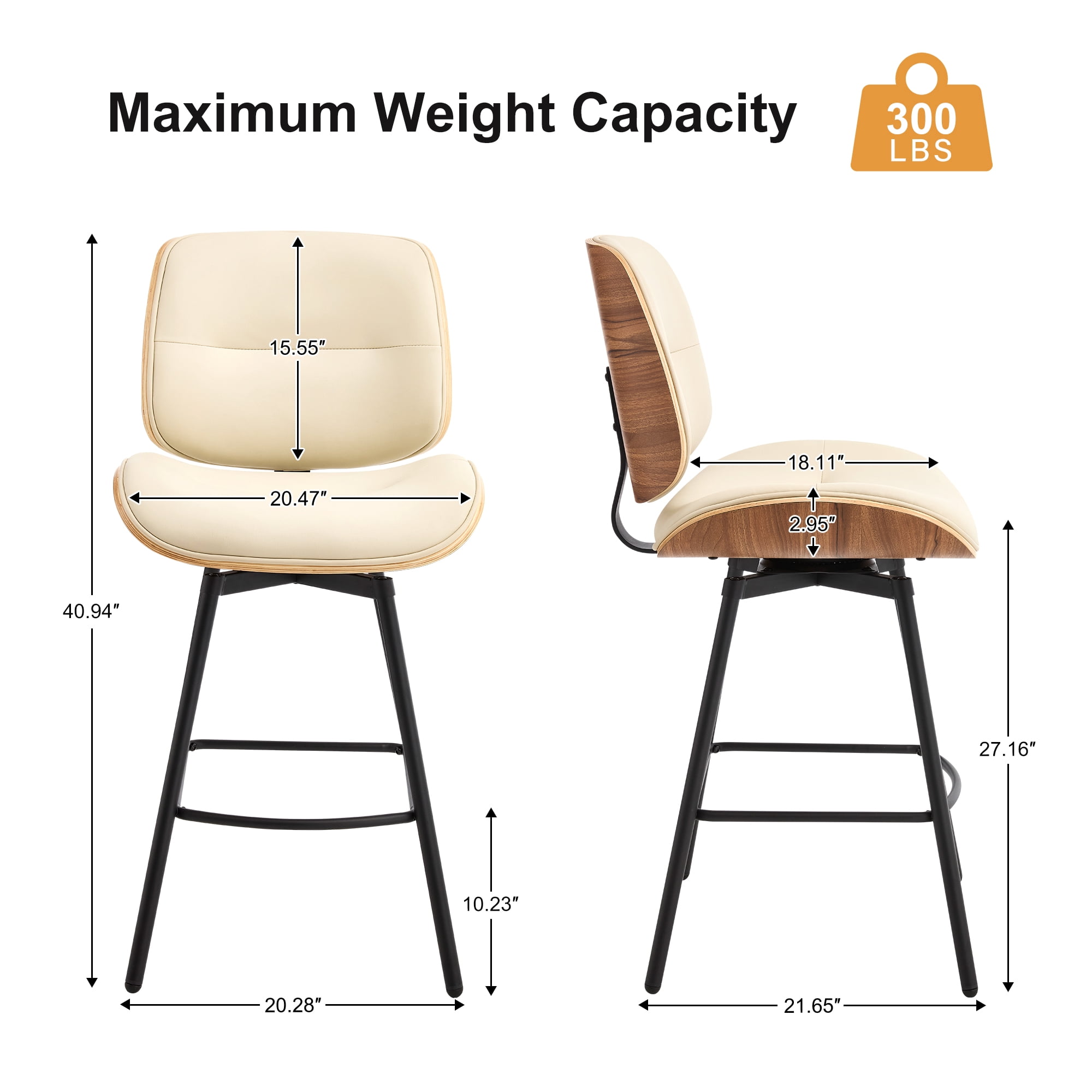 Counter Height Bar Stools Set of 4, 26" Swivel PU Leather Upholstered Bar Stools with Walnut Backs and Metal Legs, Retro Counter Stools for Kitchen Island, Dining Room, Pub, Beige
