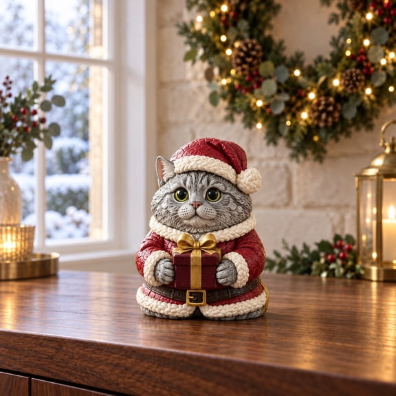 Christmas Cat Decor, Gray Tabby Santa 3-Layer Wooden Figurine for Mantel Display, Pet Lovers
