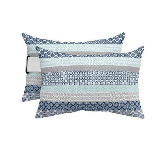 Pack of 2 Outdoor Lumbar Pillow Covers 12x20 Inch, Boho Blue Aqua Waterproof Throw Pillow Covers Set, Geometric Stripes Tribal Bohemia Retro Decorative Cushion Cases for Patio Porch Car