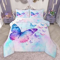 Manfei Princess Butterfly Queen Comforter Set for Teen, Blue Purple Watercolor Bedding Sets, Cartoon Kawaii Animal Reversible Bedding Comforter Set, Breathable Home Decor, 3 Pieces