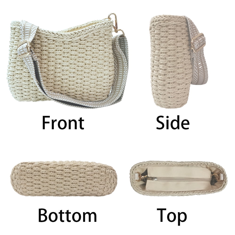 Small Handmade Straw Pocketbook Crossbody Bag for Women, Summer Chic Woven Handbag Shoulder Purse with Chain