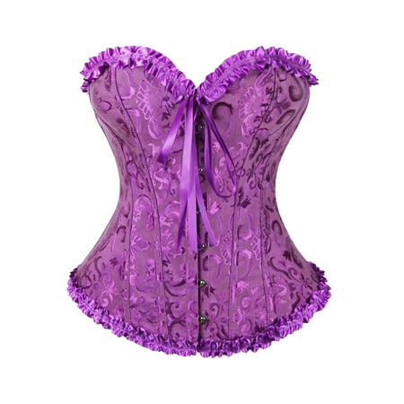 DENGDENG Women s Retro Bustier Corset Sexy Lace Floral Waist Shaping Boned Overbust with String Lingerie Bodyshaper Gothic Tops Purple 4XL