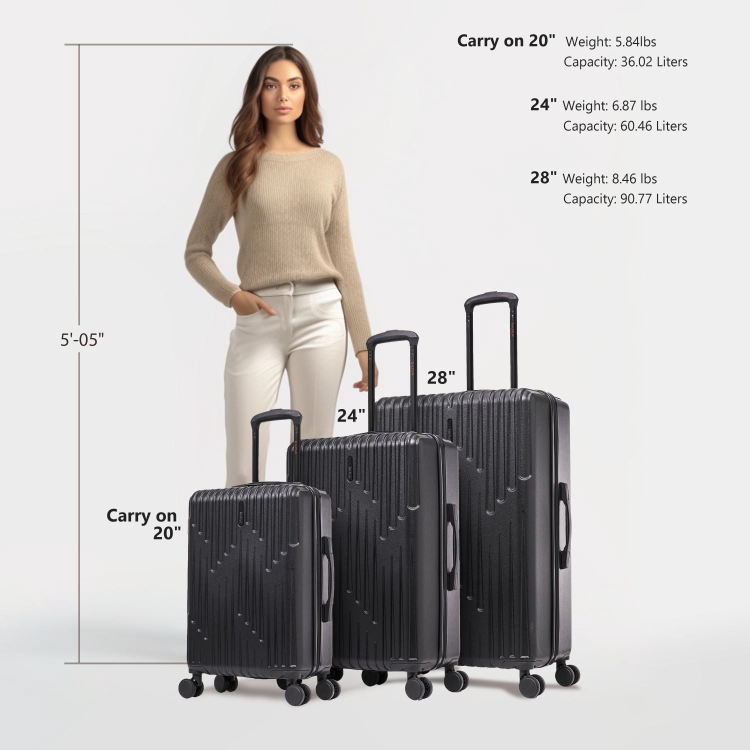InUSA DRIP 3-Piece Hardside Luggage Sets with Spinner Wheels, Handle and Trolley, (20"/24"/28"), Black