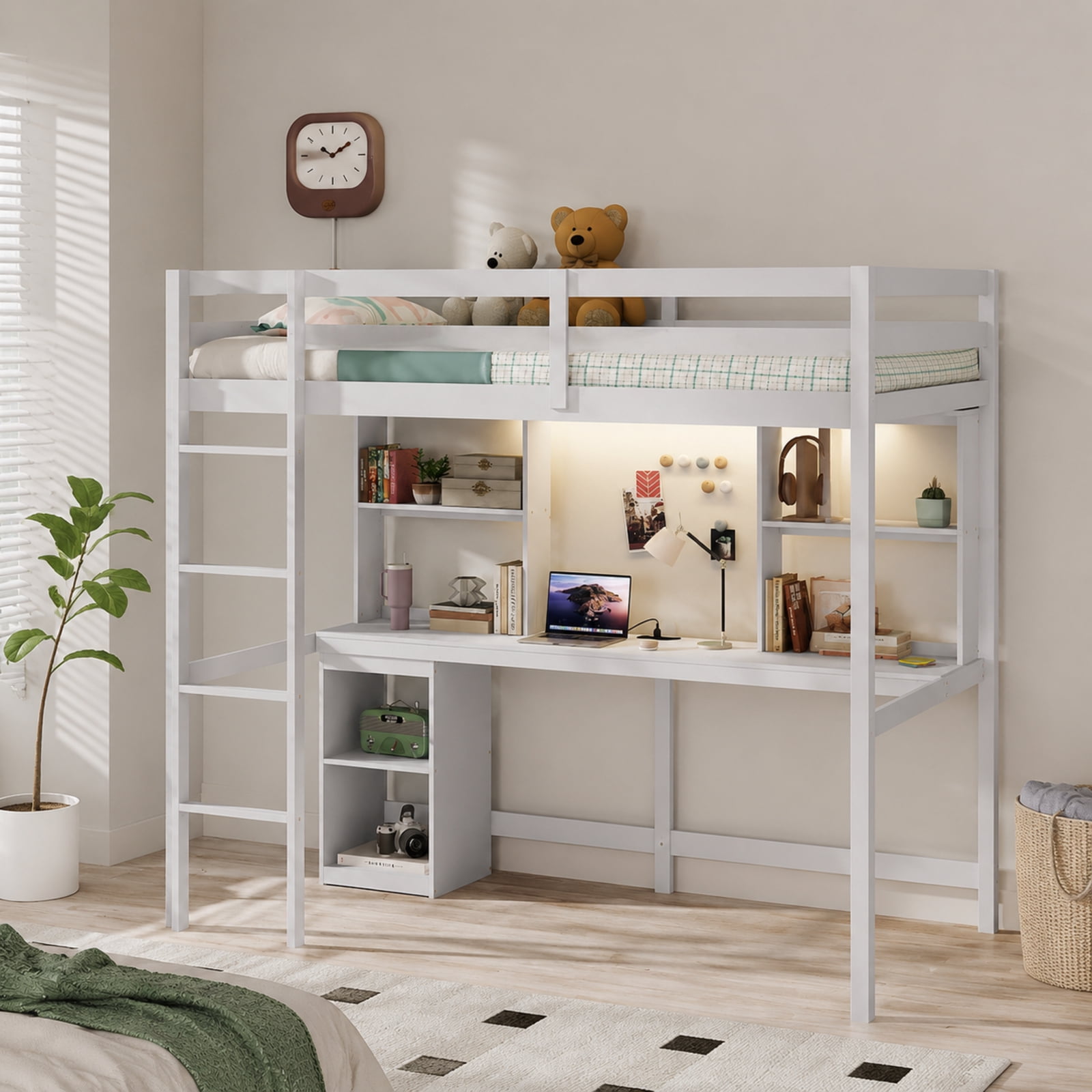 Furnibear Twin Loft Bed with Built In Desk LED Light Charging Station 2 Outlets USB Type C Ports Full Length Guardrails and 14 Plywood Slats, White
