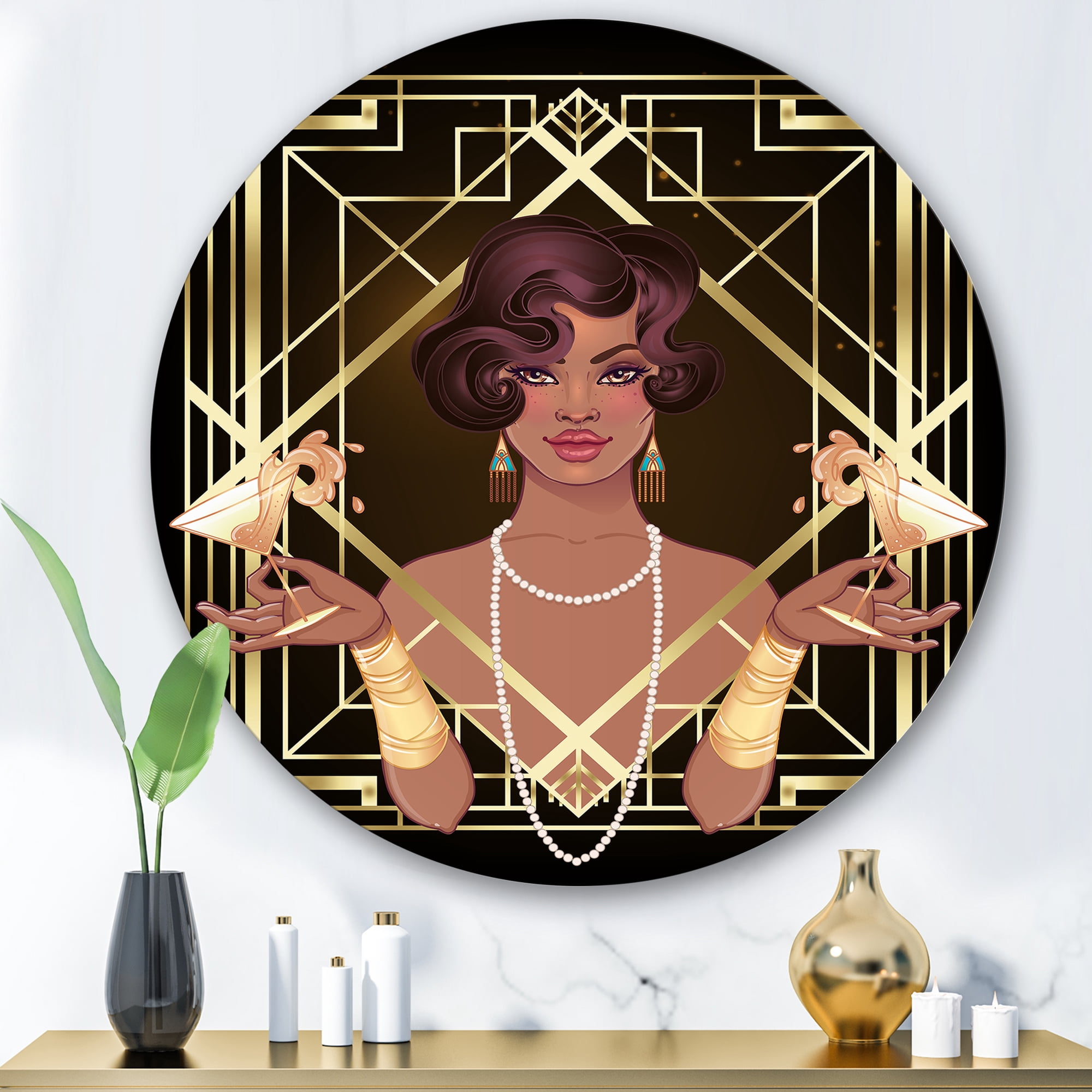 Designart 'Retro Girl In Golden Art Deco Geometrics I' Modern Circle Metal Wall Art 36x36 - Disc of 36