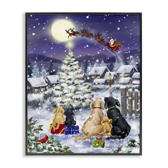 Stupell Industries Dogs Watching Sleigh Holiday Painting Black Framed Art Print Wall Art, 11 x 14