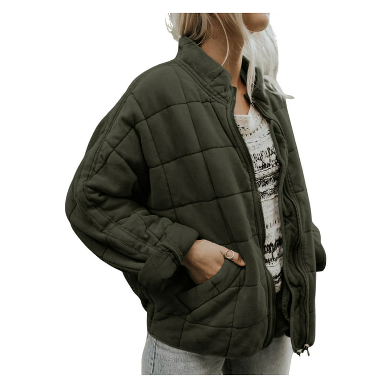 Womens Dolman Lightweight Quilted Jackets Zip Up Long Sleeve Stand