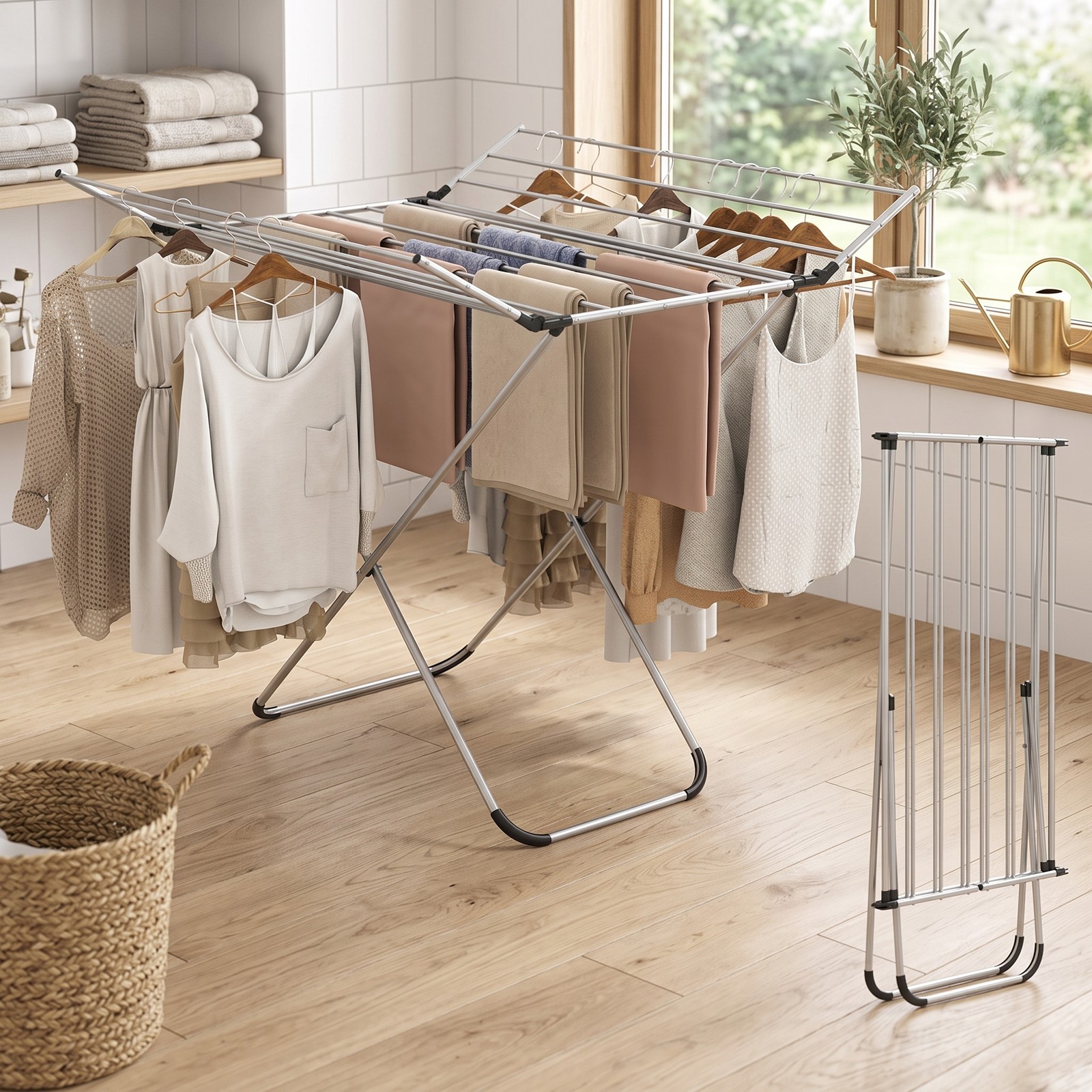 Fenbeli Folding Aluminum Clothes Drying Rack with 2 Side Wings, Rustproof Foldable Laundry Drying Stand for Indoor Outdoor, 60 ft Drying Space, 14 Rods, Silver
