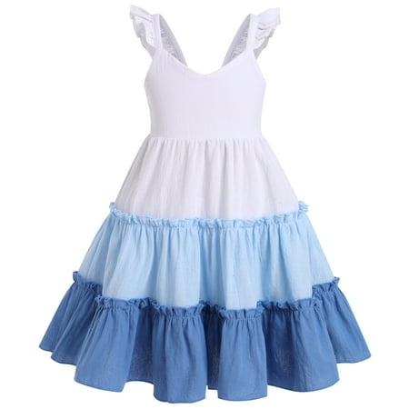 

IBTOM CASTLE Toddler Little Girls Rainbow Twirly Skater Dress Kids Back to School Dress Summer Casual Tea Party Beach Sundress 2-3 Years Blue