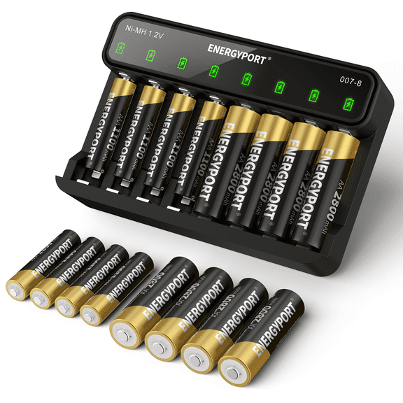 ENERGYPORT Rechargeable 8-Pack 2800mAh AA and 8-Pack 1100mAh AAA NiMH High Capacity Batteries with 8 Bay Smart Battery Charger for Fast Charging of AA & AAA Batteries