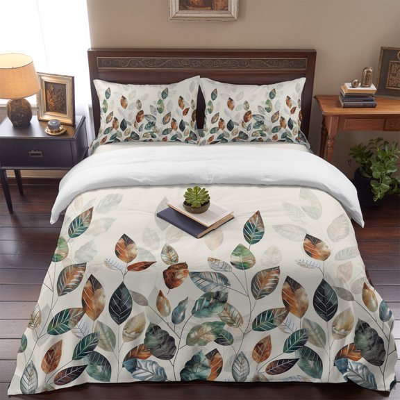 Fall Thanksgiving 4 Piece Bedding Set, Blue Green Plants Eucalyptus Leaves Twin Size Duvet Cover Set with Zipper Closure & Corner Ties Soft Breathable Comforter Cover for Bedroom