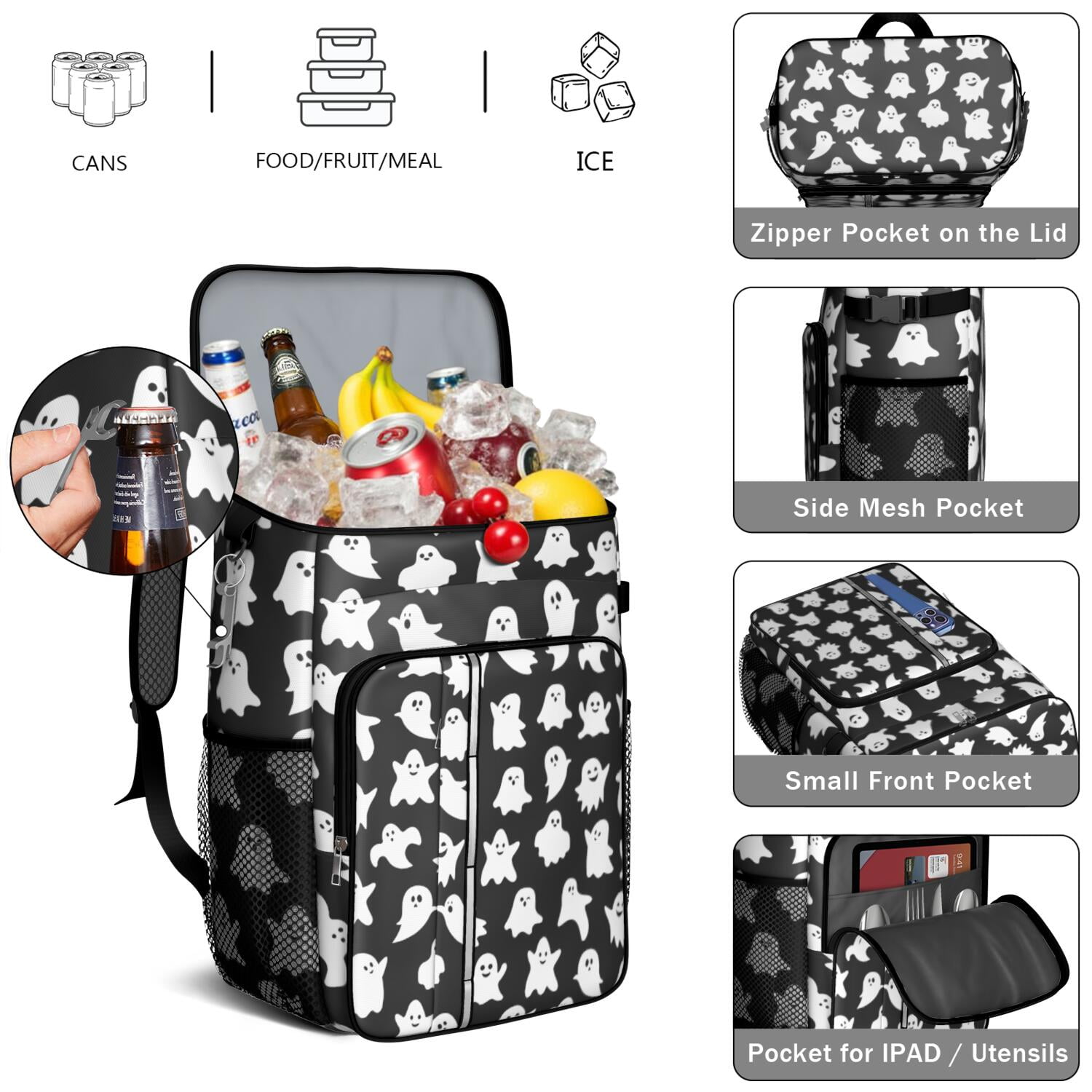 Travel Cooler Bag - Black Halloween Ghosts Camping Beer Cooler Backpack with Bottle Opener- Waterproof Insulated Picnic Backpacks - Cooler Bag for Beach