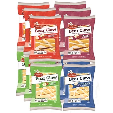 Cloverhill Danish Fruit Pastry Variety Pack | Strawberry Cherry Blueberry and Apple Bear Claws | Pack of 12