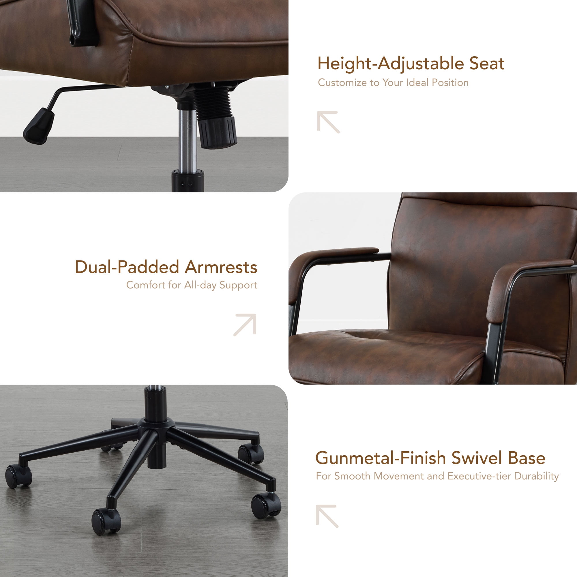 Spruce & Spring Upholstered Swivel Office Chair with Ergonomic High Back, Metal Frame & Upholstered Arms, Espresso Faux Leather