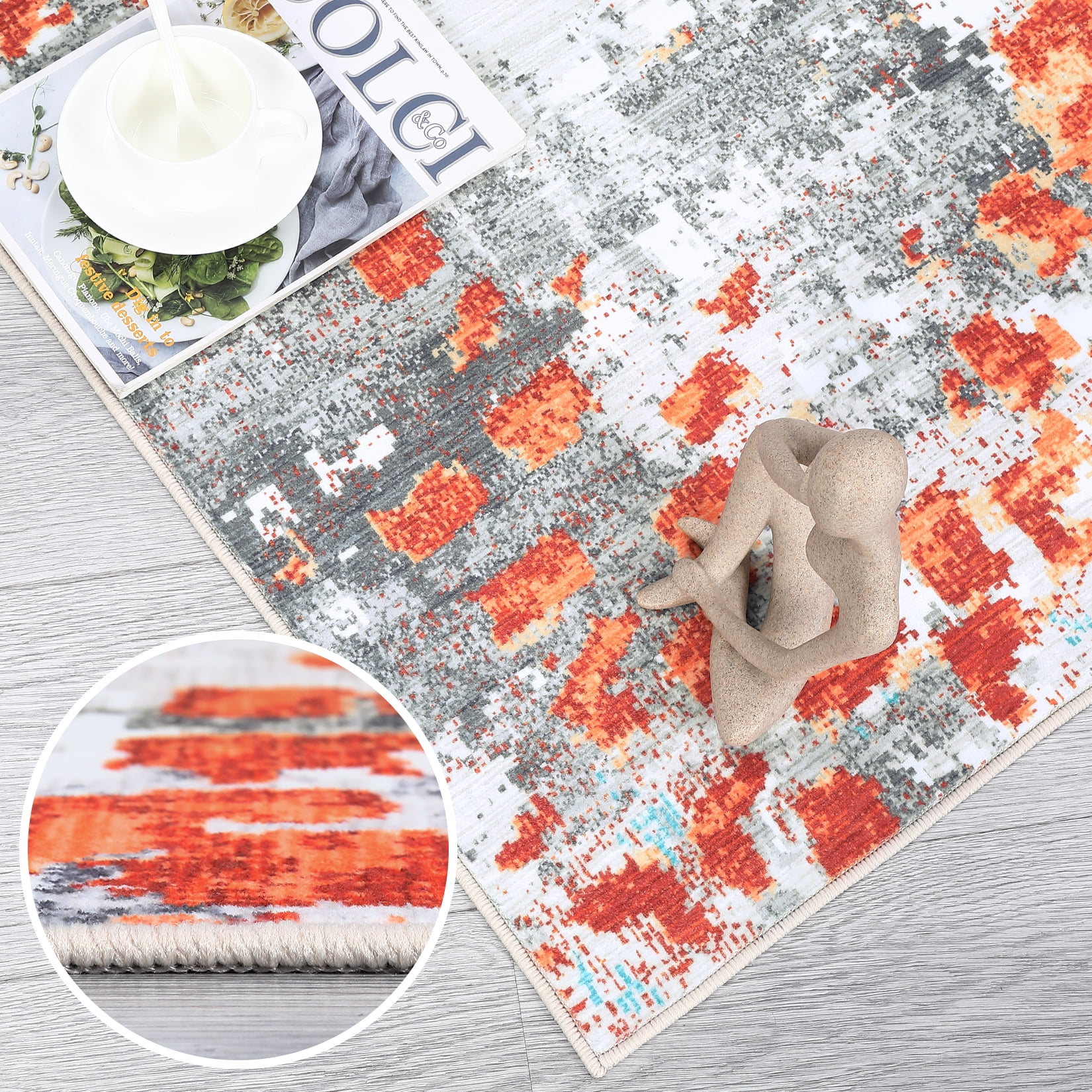Hasoo 9' x 12' Multi-Color Modern Abstract Area Rug for Living Room Washable Indoor Home Decor Carpet, Orange/Gray