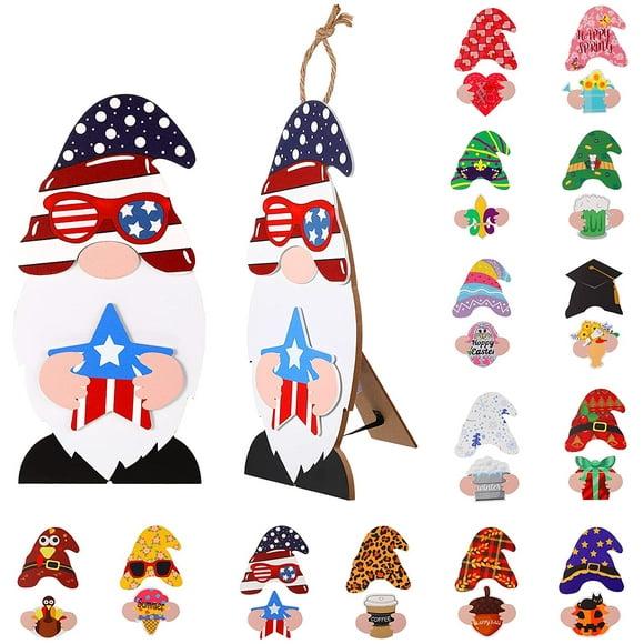DIY Interchangeable Gnome Wooden Signs Holiday Gnome Hanging Signs Tabletop Decors with 14 Pieces Interchangeable Hat Magnets and 14 Pieces Handheld Signs with Gnome Standing Sign for Holiday Decor