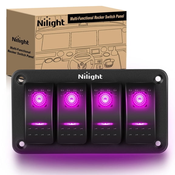 Nilight 4 Gang Rocker Switch Panel with Purple LED Light 5 Pin On Off Pre-Wired Aluminum Toggle Switches Waterproof for 12V/24V Cars Marine Boats ATVs Trailers RV Trucks
