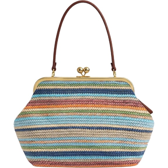 Kiss Lock Woven Straw Handbag, Large Capacity Rainbow Striped Shoulder Bag with Metal Frame, Summer Beach Purse for Women