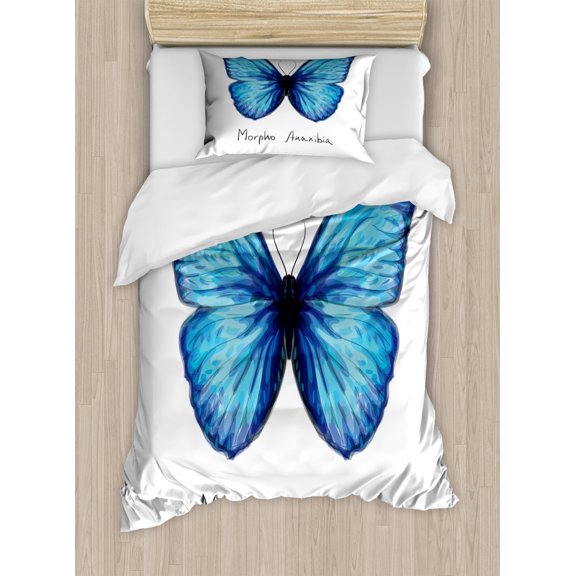 Butterfly Twin Size Duvet Cover Set, Watercolor Style Abstract Butterfly Figure in Iridescent Colors, Decorative 2 Piece Bedding Set with 1 Pillow Sham, Indigo Pale Blue and White, by Ambesonne