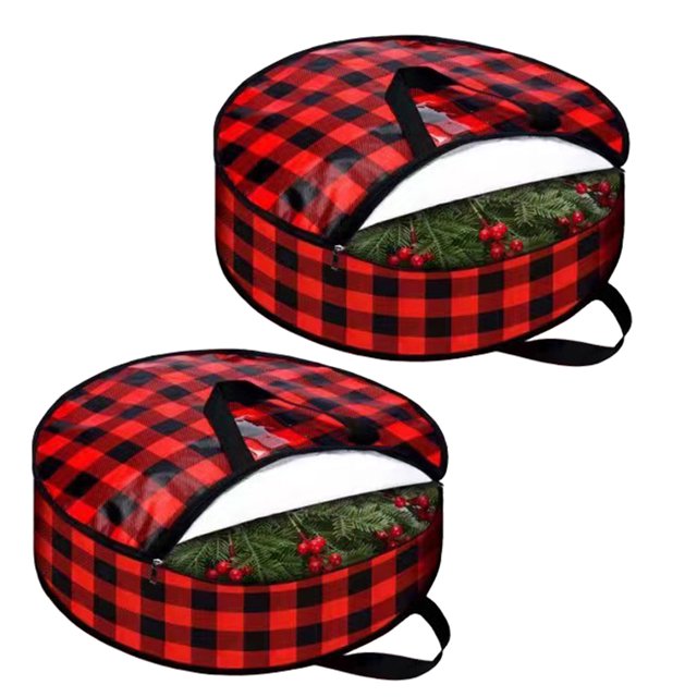 CSChome Sac de Rangement pour Guirlande Sac de Rangement pour Couronne de Noël : Design à Carreaux Rouge et Noir, Imperméable avec Poignée, Facile à Transporter