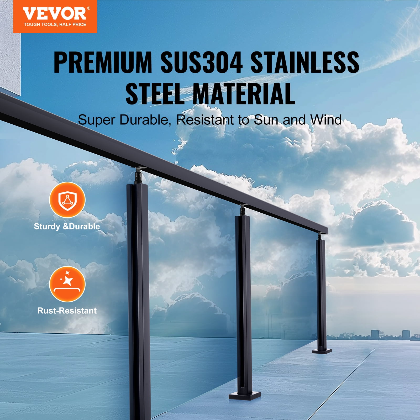 VEVOR Glass Clamp, 35.83" Height Glass Railing Bracket for 0.39 "-0.47 " Thickness Tempered Glass, 304 Stainless Steel Glass Mounting Clamp, Glass Shelf Bracket for Balcony,Garden,Deck,Stair,Black