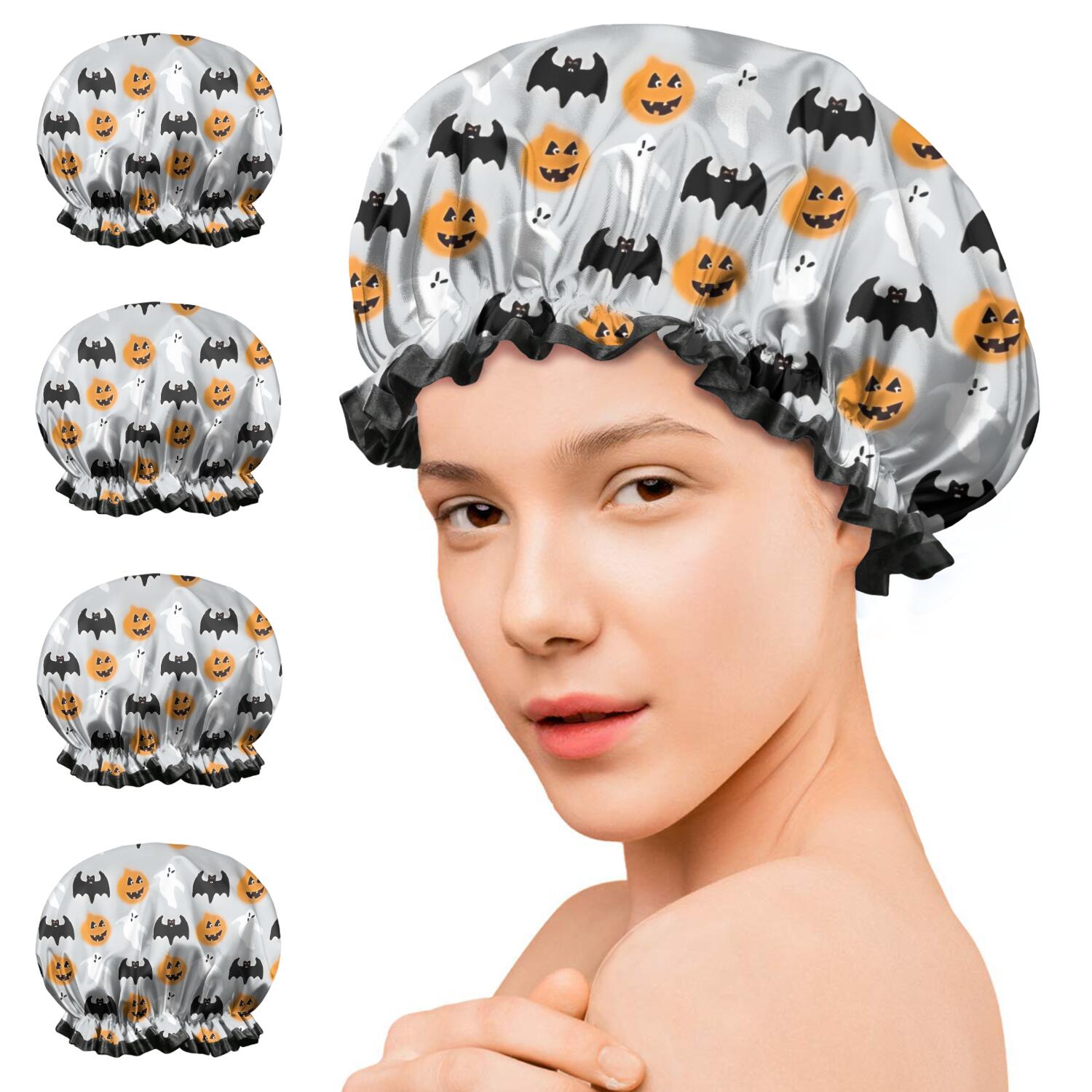 Shower Caps,Halloween Pumpkins Ghosts and Bats Waterproof Shower Cap for Women 4 Pieces,Double Reusable Hair Cover for Shower PEVA Elastic Stretch Hem