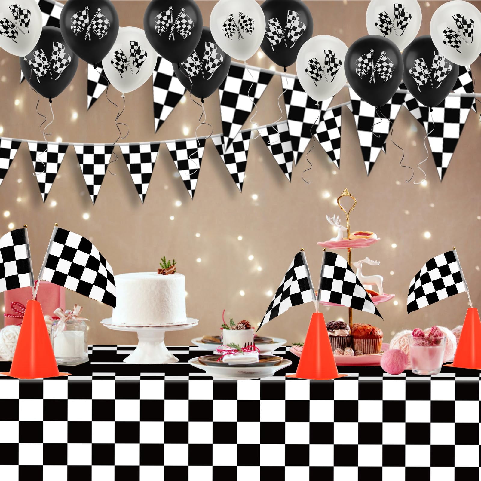 Race Car Party Decorations, Plutput 61 Pcs Set-12 Traffic Cones and 24 Racing Checkered Flags, 6.5Ft Racetrack Floor Runner and 9.8ft Checkered Race Track Banner, Tablecloth, Balloons and Ribbons