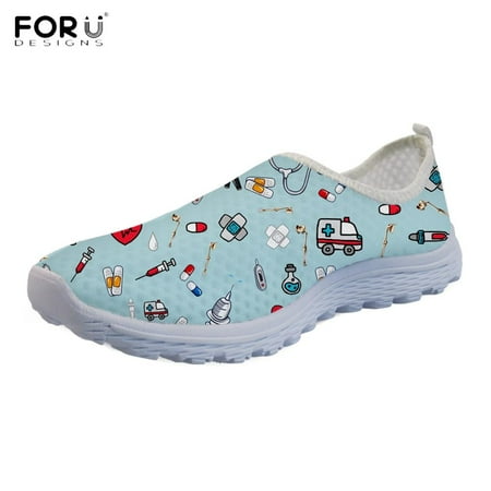 

FORUDESIGNS Cartoon Nurse/Premium Sketch Print Women s Casual Shoes Flats Beach Comfortable Mesh Slip-on Brand Women Sneakers