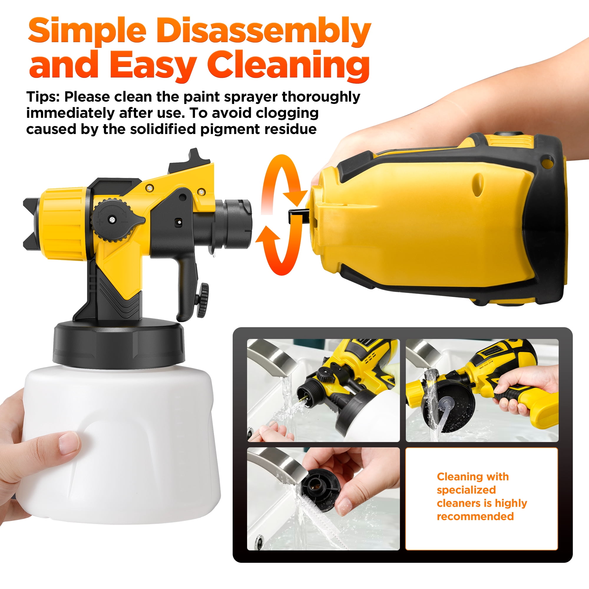 TNTANTS Paint Sprayer 1400ml Large Container, 550W HVLP Electric Spray Paint Gun with 4 Nozzles 3 Spray Patterns for House Painting, Home Interior and Exterior(Yellow)