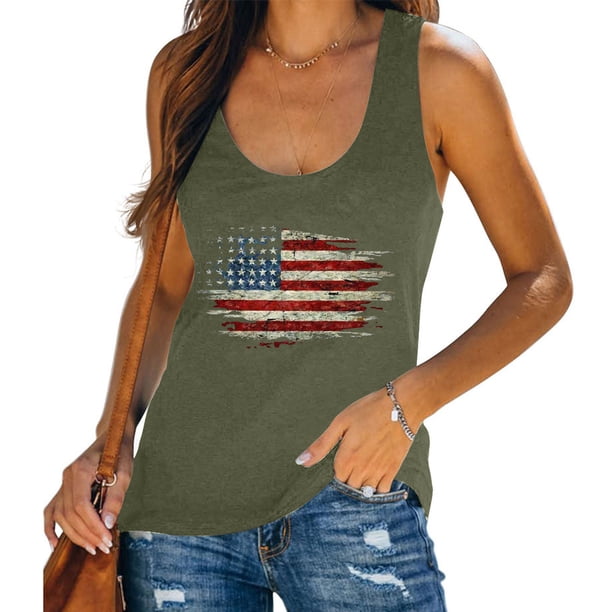 ICHUANYI Clearance Independence Day Fashion Women's Summer Sleeveless Print Casual Tank Top Blouse(Army Green, XL) ICHUANYI WER2023081508840