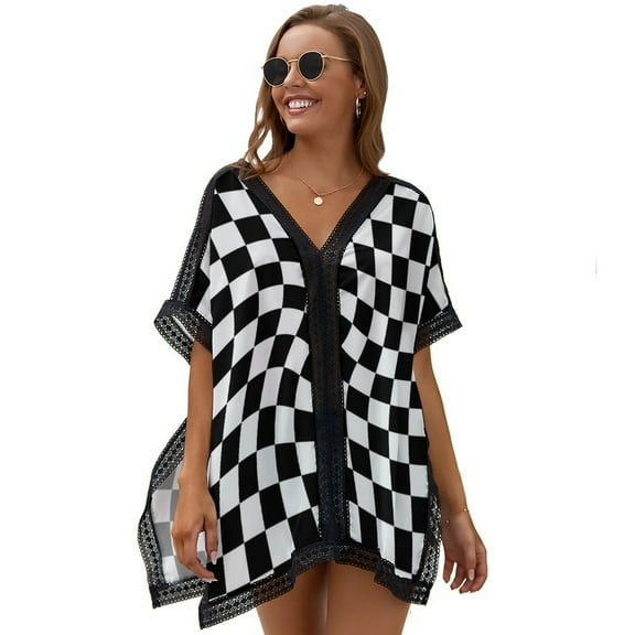 Warped Checkerboard Beach Cover Ups for Women Bathing Suit Cover Up Lace Bikini Swimsuit Coverup Beach Dress Shirt One Size