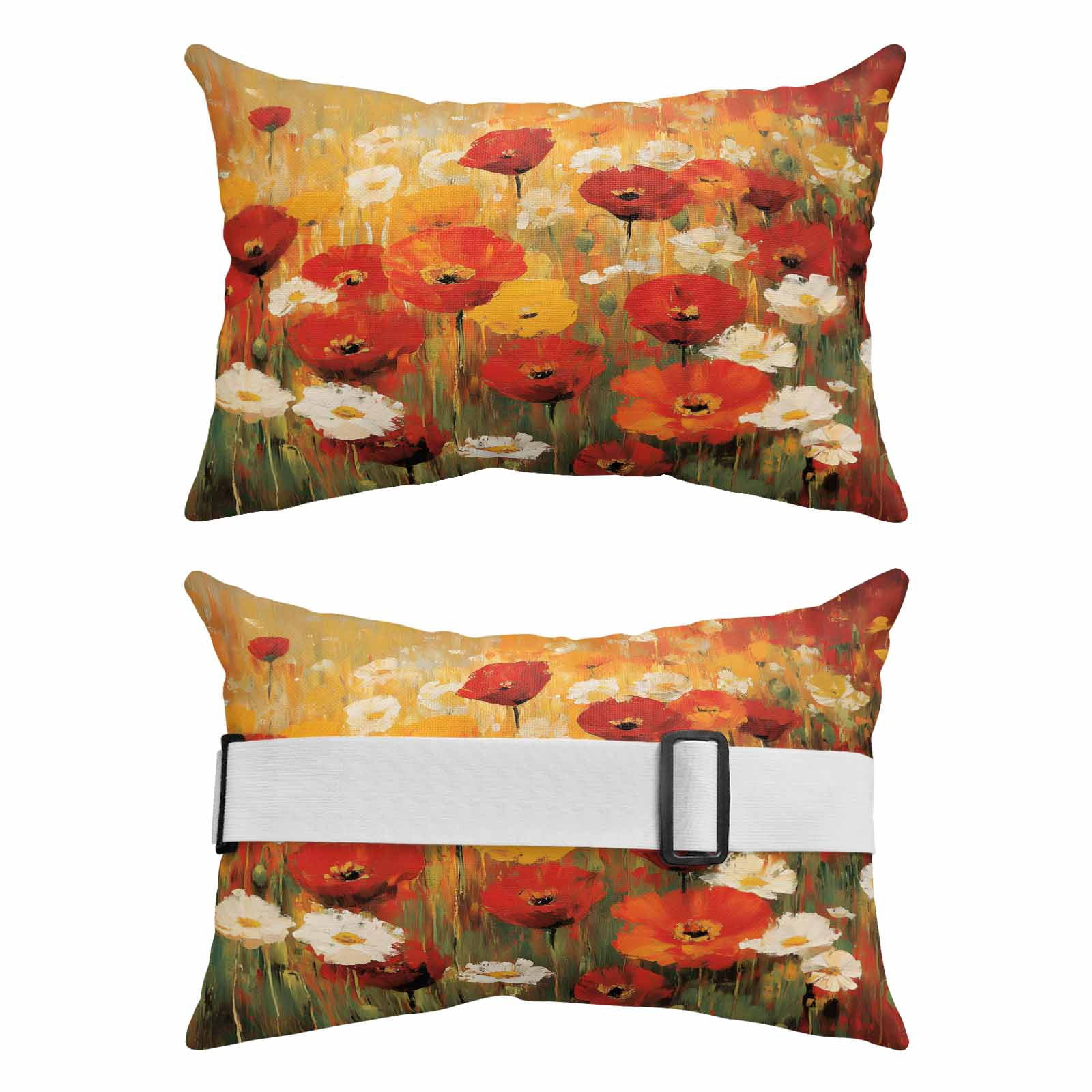Retro Floral Outdoor Chaise Lounge Pillows Red White Poppy Flowers Lawn Oil Painting Lumbar Pillows with Insert Adjustable Elastic Strap Headrest Pillow for Recliner Patio Chair 2 Pack 11x16 Inch