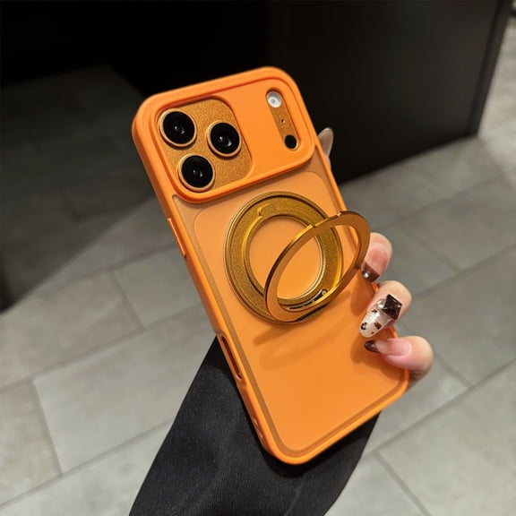 Poweltek Magnetic Ring Stand For iPhone 17 Pro Case, Shockproof Translucent Slim Anti-Scratch Matte Hard Rugged Cover, Orange