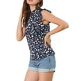thumbnail image 4 of Allegra K Women's Floral Keyhole Ruched Sleeveless Stand Collar Ruffle Top, 4 of 6