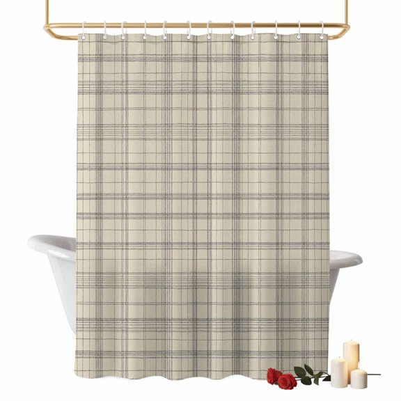 Beige Grid Gingham Bathroom Shower Curtains with Hooks, Abstract Modern Minimalist Gray Stripe Checked Waterproof Fabric Washable Shower Curtain for Home Hotel Bathtub Decor 54x78 Inch