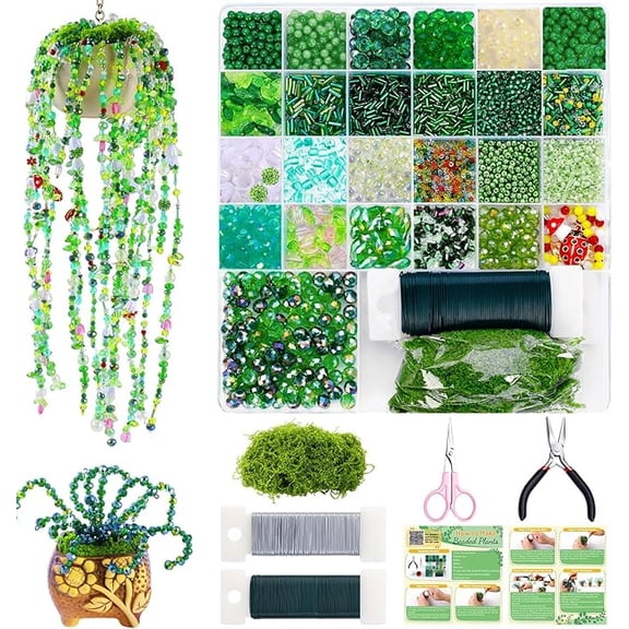3D Beaded Green Plant DIY Kit, Beads Small Craft Supply Pack without Pot, 3D DIY Bead Kit with Beading Thread and Storage Case for Tabletop Home Decor