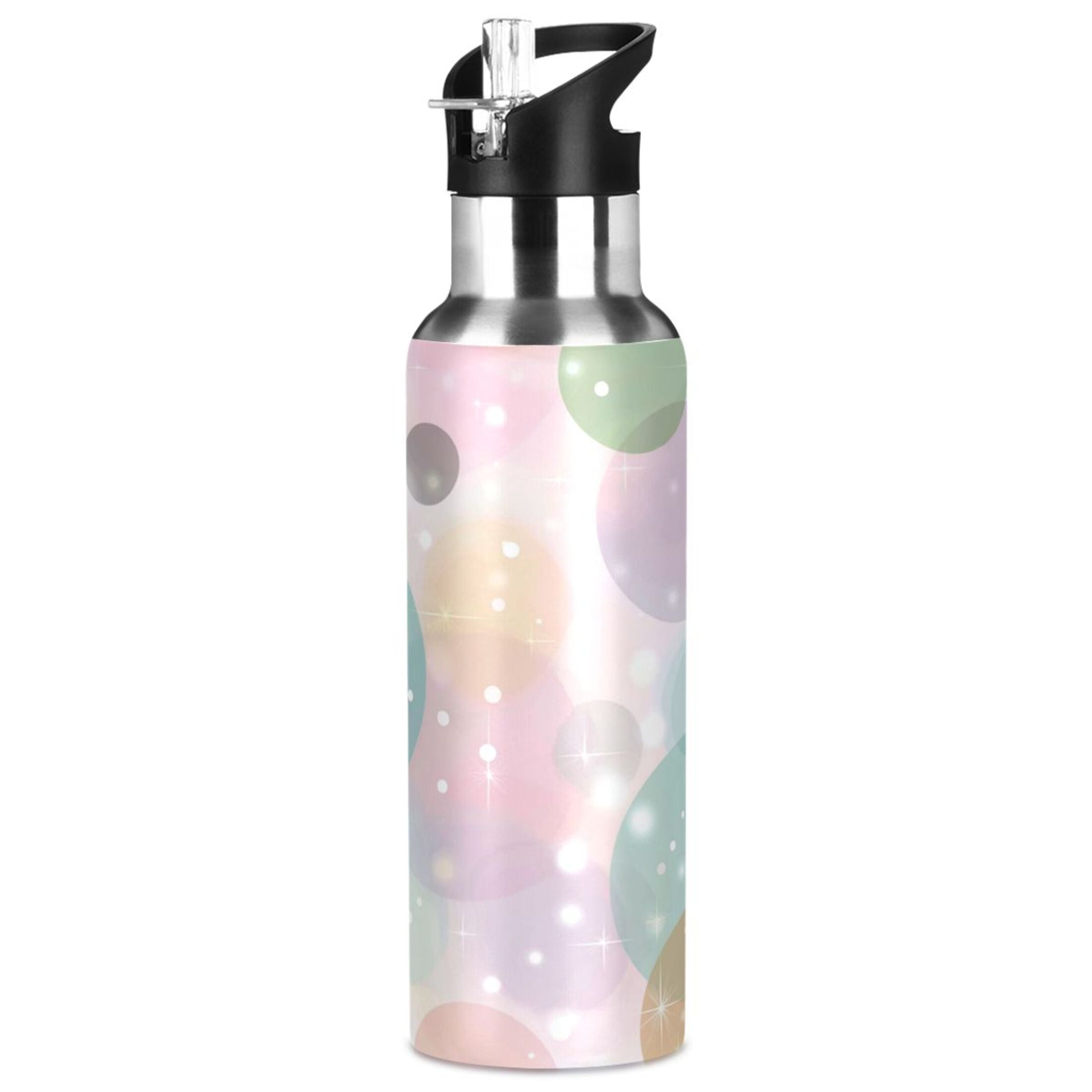 Iauyy Stainless Steel Double-Wall Vacuum Insulated Water Bottle with Straw-600ml&1000ml BPA-Free Leak-Proof for Travel Workouts Outdoor,Stars and Bubbles