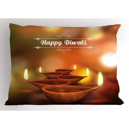 Diwali Pillow Sham Eastern Religious Celebration with Best Wishes Happy Diwali Festive Spiritual Art Print, Decorative Standard Size Printed Pillowcase, 26 X 20 Inches, Brown, by