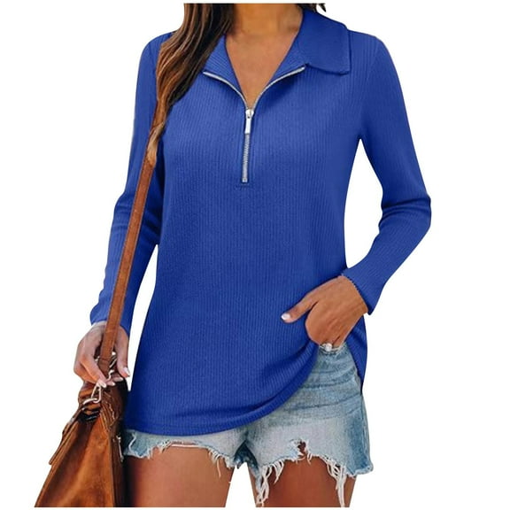 CHGBMOK Womens Long Sleeve Quarter Zip Pullover Shirts V Neck Collared Solid Tees Casual Loose Ribbed Tops