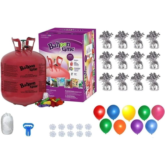 BLUE RIBBON, Helium Tank with 50 Balloons and White Ribbon   12 Silver Balloon Weights   Plus Balloon Tying Tool and Flower Clips