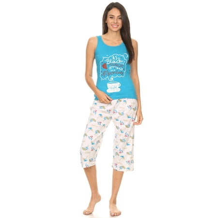 134C Womens Capri Set Sleepwear Pajamas Woman Sleeveless Sleep Nightshirt Blue XL