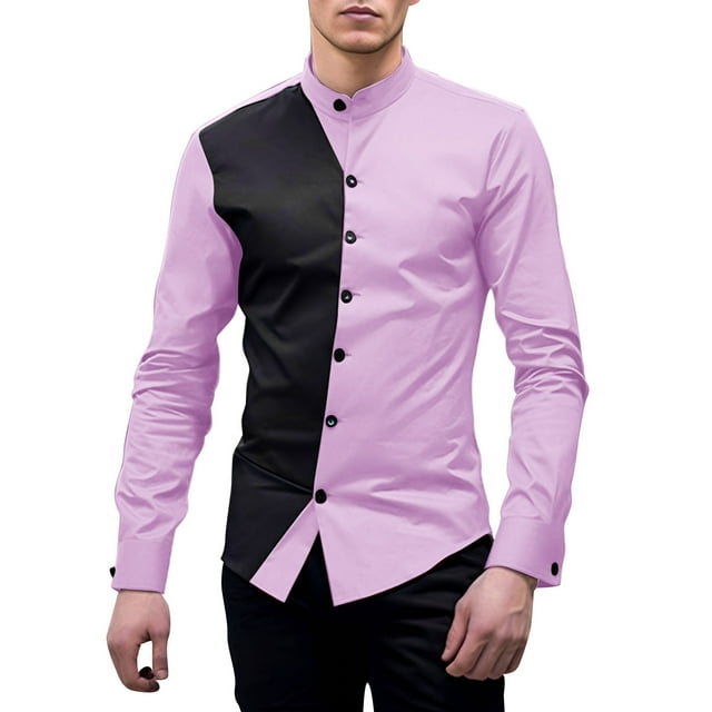 Camisas Para Hombre Manga Larga Negra Camisa a juego de colores de manga larga con cuello levantado y moda informal para hombre (Purple, M)